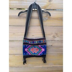 Unbranded Woven Geometric Tribal Crossbody Bag Blac Blue Pink Fringe Tassel Boho
